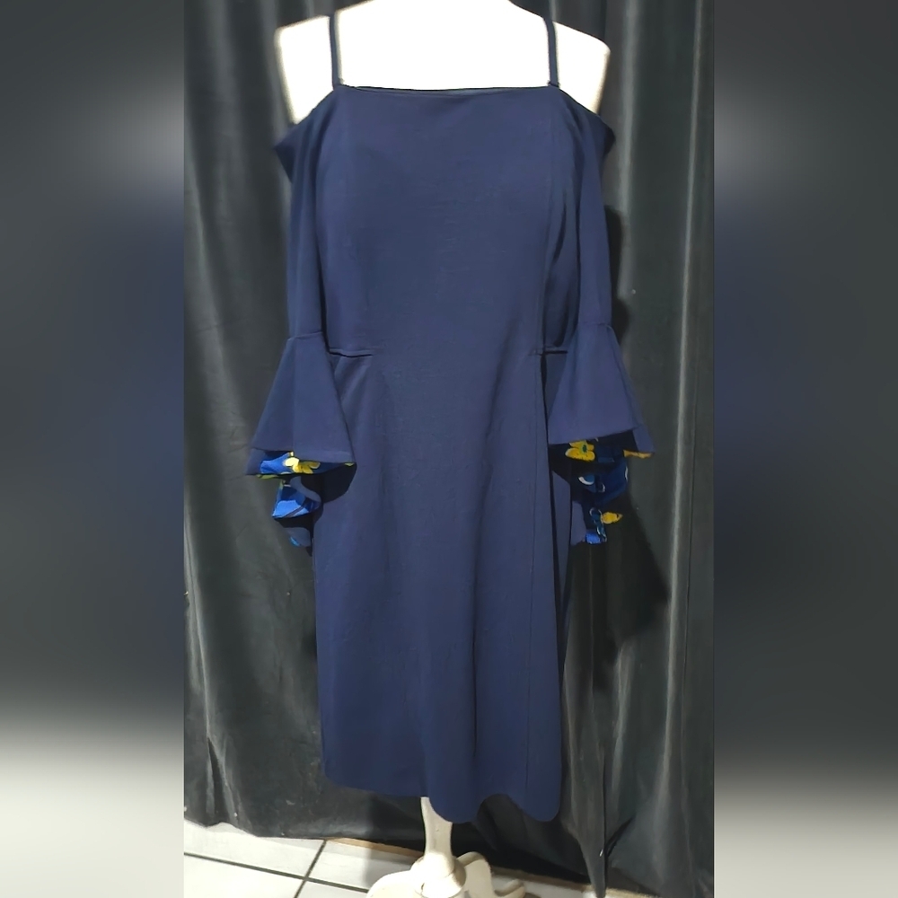 SL Fashions Navy Blue Long Sleeve Dress with Floral Details